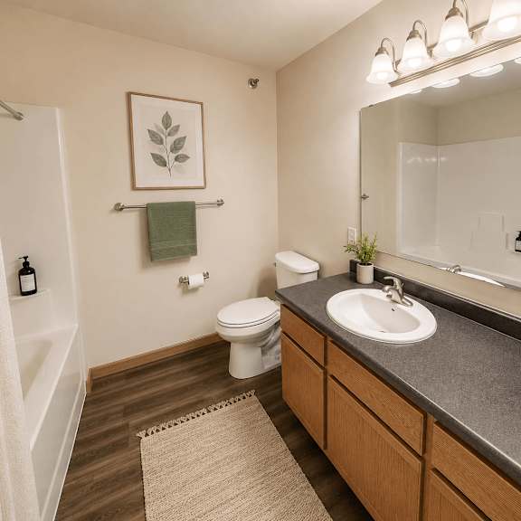 a bathroom with a toilet, sink, and mirror.