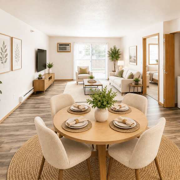 a dining room with a round table surrounded by chairs.