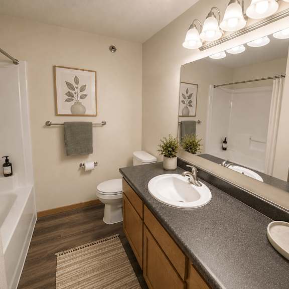 a bathroom with a toilet, sink, and mirror.