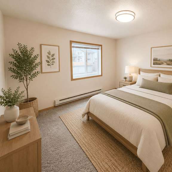 a bedroom with a large bed and a plant on the side table.