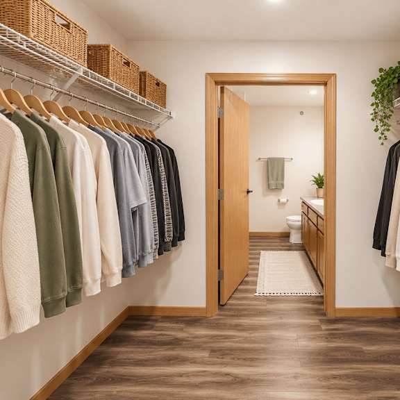 a hallway with clothes hanging on both sides and a mirror at the end.