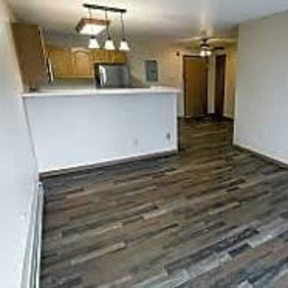 a kitchen area with a white counter and a wood floor.
