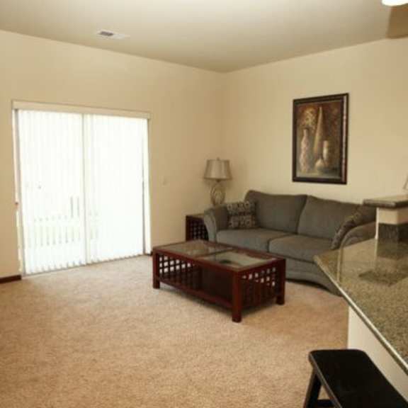 a living room with a grey couch, a coffee table, and a painting on the wall.