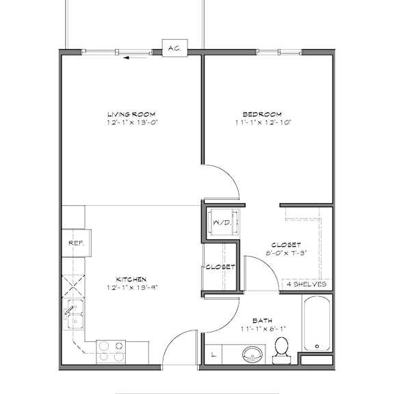 a floor plan of a one bedroom apartment with a living room, bedroom, kitchen, and bathroom.