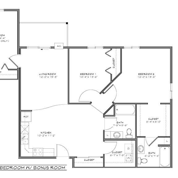 a black and white image of a floor plan for a two bedroom apartment with a bonus room.
