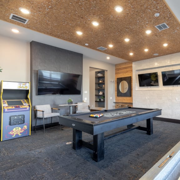 a game room with a pool table and a tv