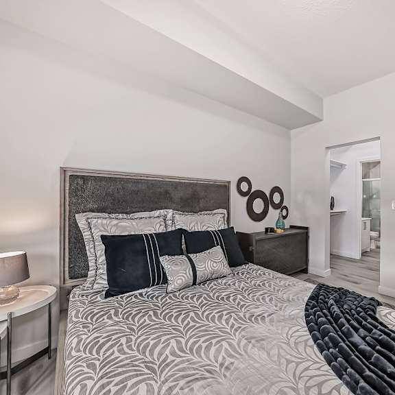 a bedroom with a bed and a closet