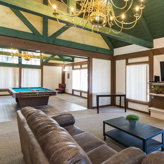 a large room with a pool table and a television.