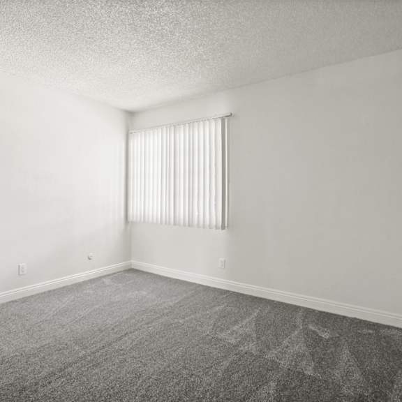 a room with a carpeted floor and a window with blinds.
