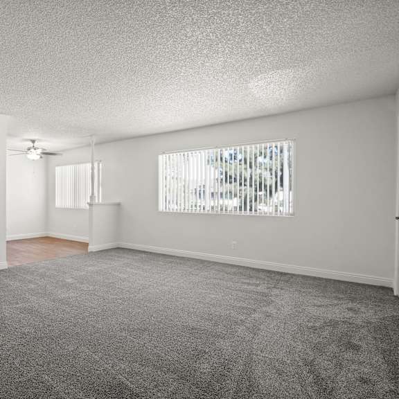 a room with a carpeted floor and a window with blinds.
