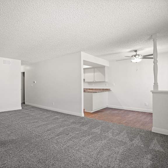 a room with a grey carpet and white walls.