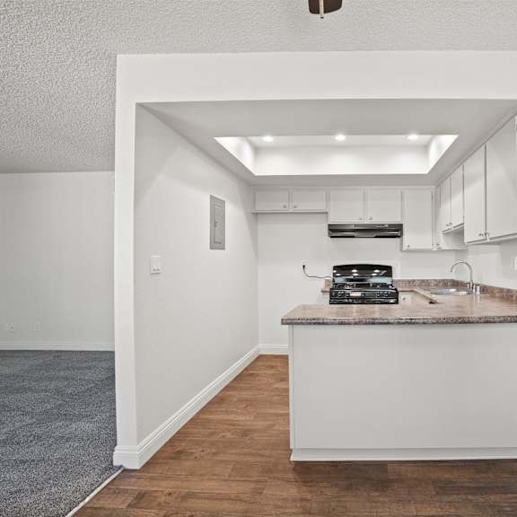 a kitchen with a counter and cabinets.