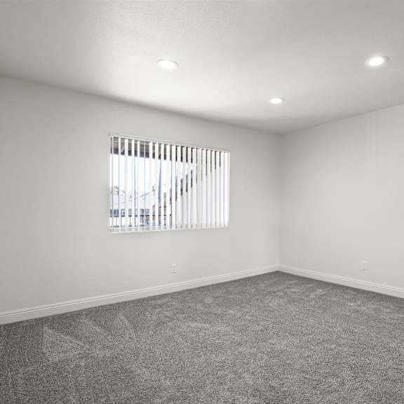 a room with a window and a carpet on the floor.
