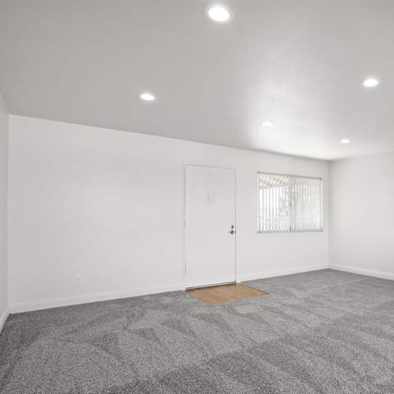 a room with a carpeted floor and a window with blinds.