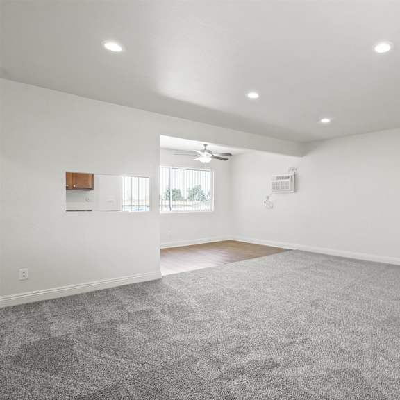 a spacious room with a grey carpet and a wooden floor.