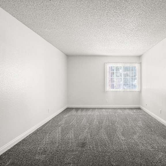 a room with a carpeted floor and a window with blinds.