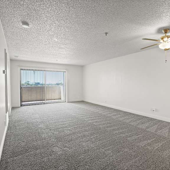 a spacious room with a ceiling fan and carpeted floor.