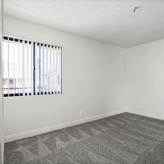a room with a carpeted floor and a window with blinds.