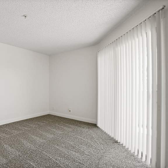 a room with a carpeted floor and a window with blinds.
