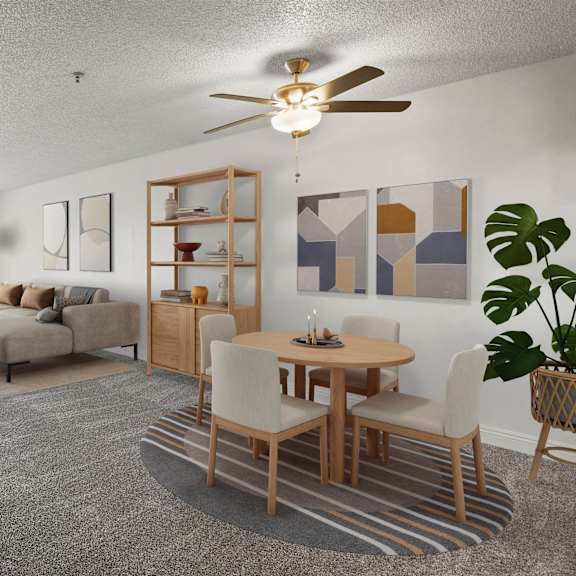 a living room with a grey carpet and a wooden dining table.