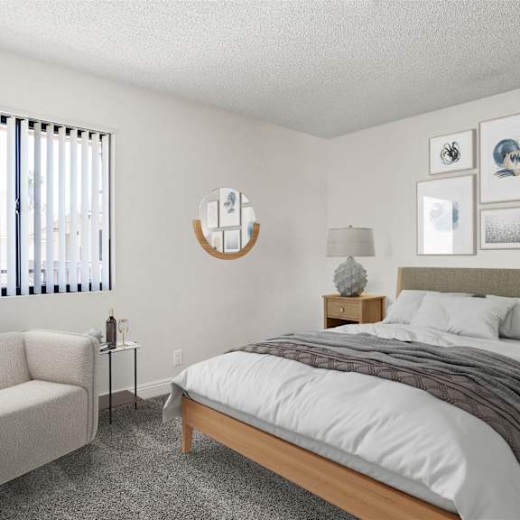 a bedroom with a bed, nightstand, chair, and pictures on the wall.