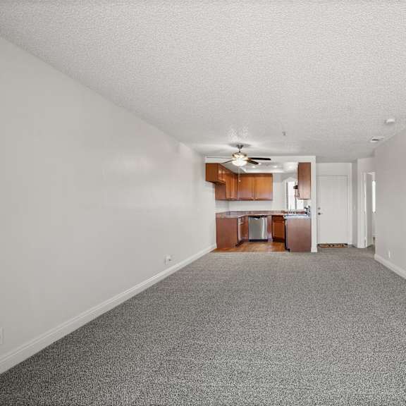 a spacious room with a carpeted floor and a ceiling fan.