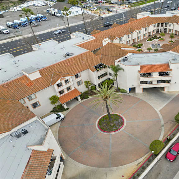 a courtyard surrounded by buildings with a palm tree in the middle.