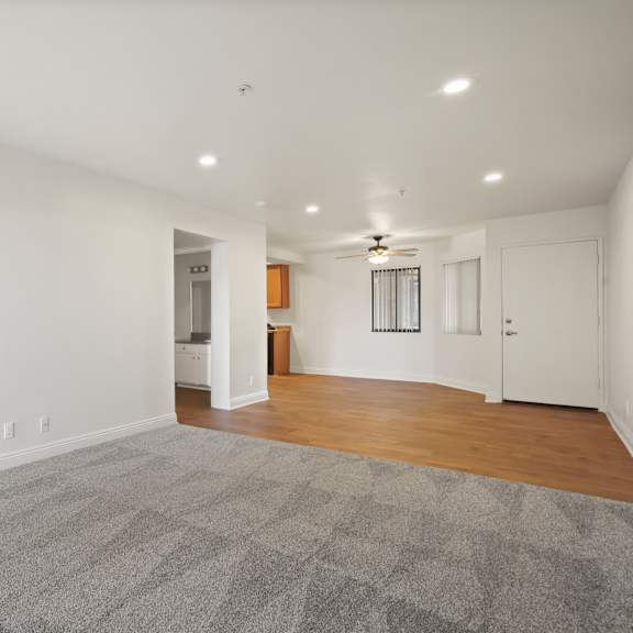 a large, empty room with a carpeted floor and a ceiling fan.