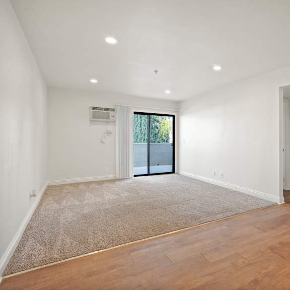a room with a carpet, wooden floor and a sliding glass door.