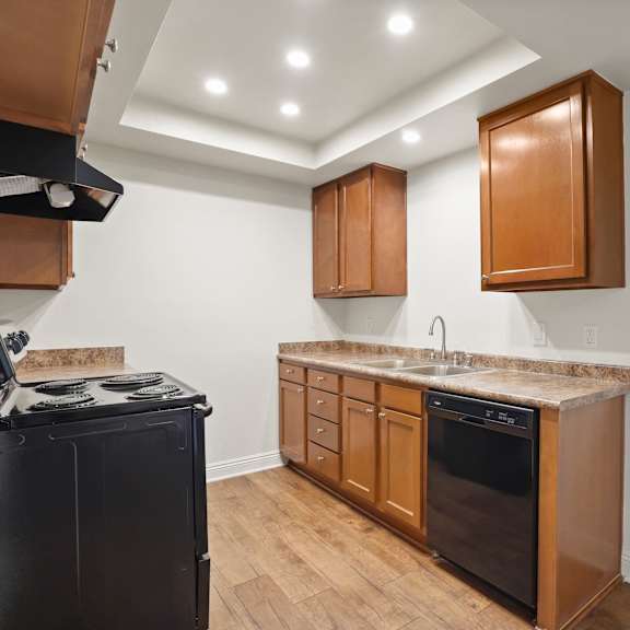 a kitchen with a black fridge, black oven, wooden cabinets and a marble counter top.