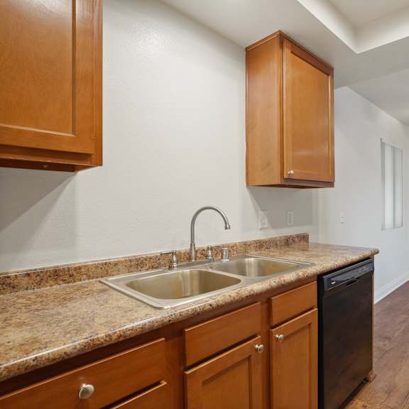 a kitchen with a sink, a dishwasher and a fan.