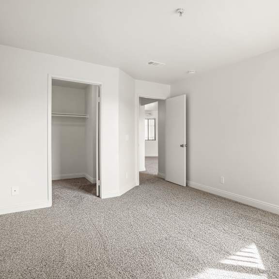 a room with white walls and carpeted floor with sunlight coming through a window.