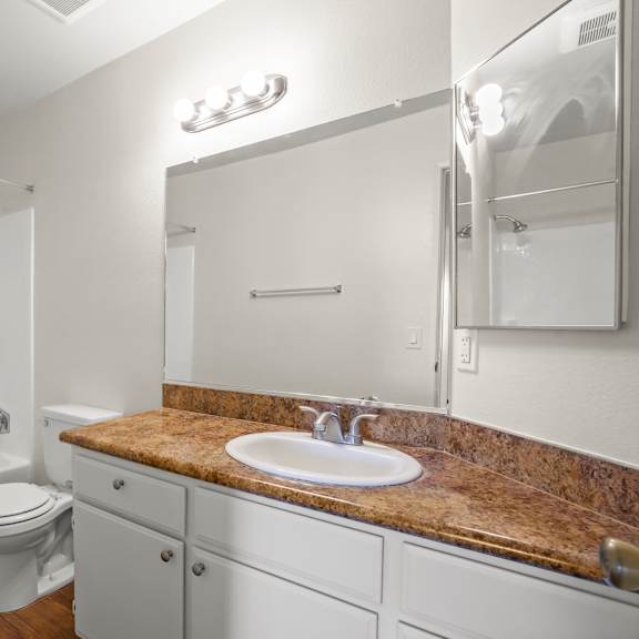 a bathroom with a sink, toilet, and mirror.