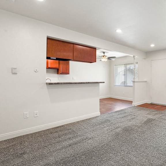 a spacious living room with a grey carpet and white walls.