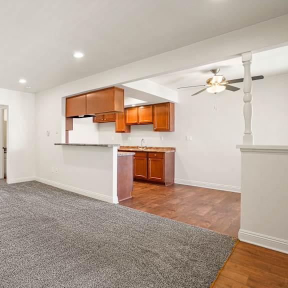 a spacious room with a grey carpet and wooden floors.