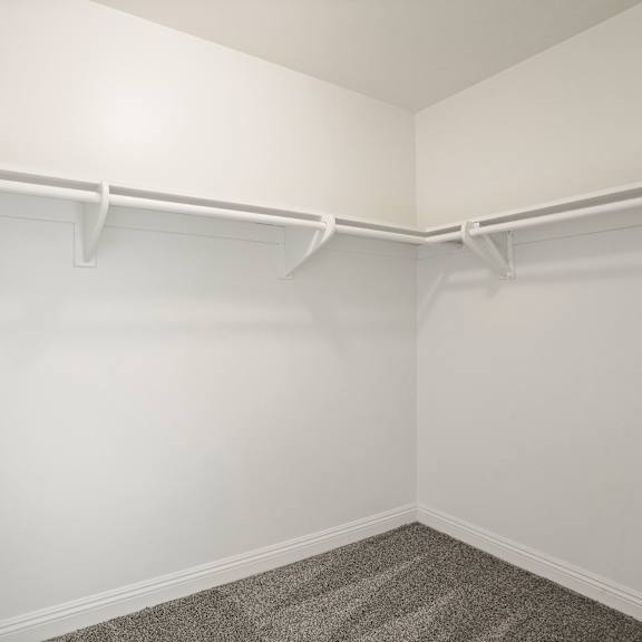 a white closet with a carpeted floor and a door.