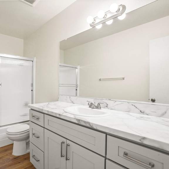 a white bathroom with a marble counter top and a walk in shower.