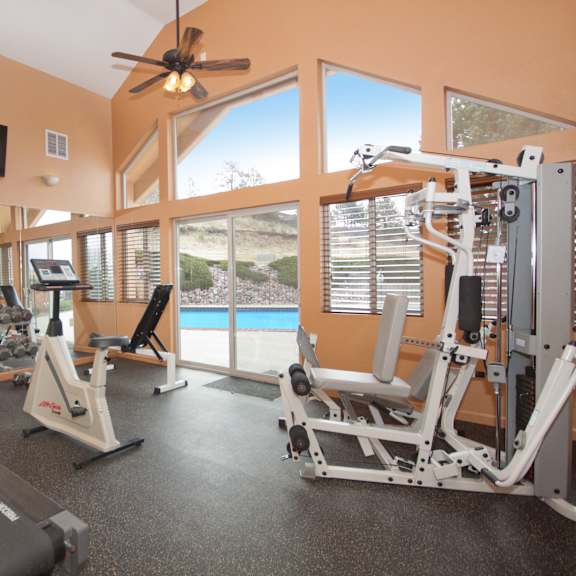 a spacious gym with a treadmill, weights, and exercise equipment.