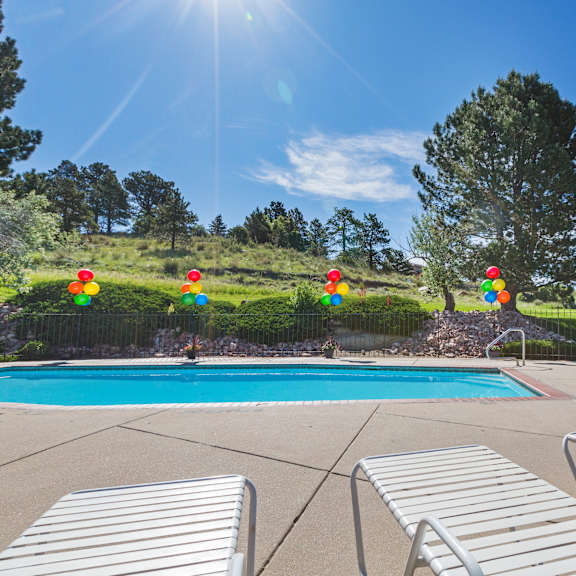a pool surrounded by trees and sunshine.