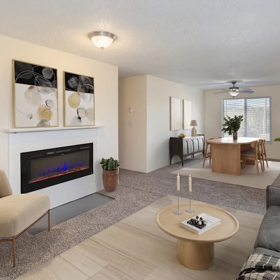 a modern living room with a fireplace and a dining area.