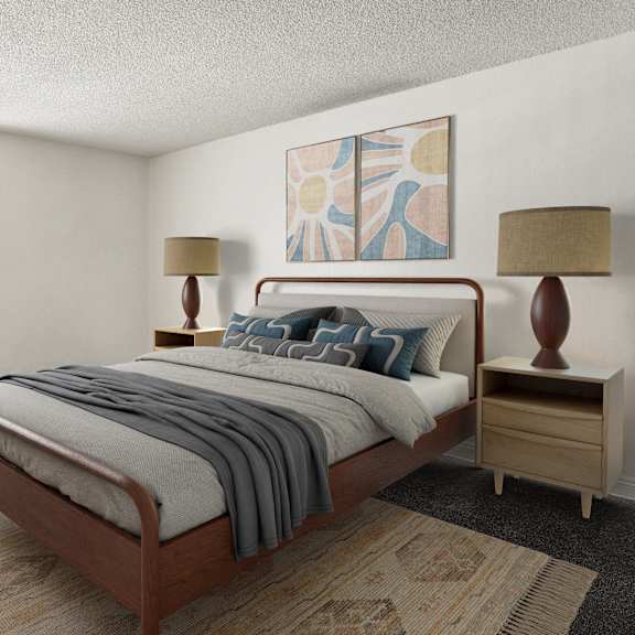 a bedroom with a bed, nightstand, and chair.