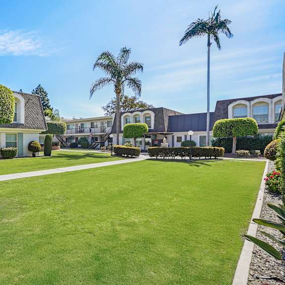 a sunny day at a well-maintained residential area with a large lawn and palm trees.