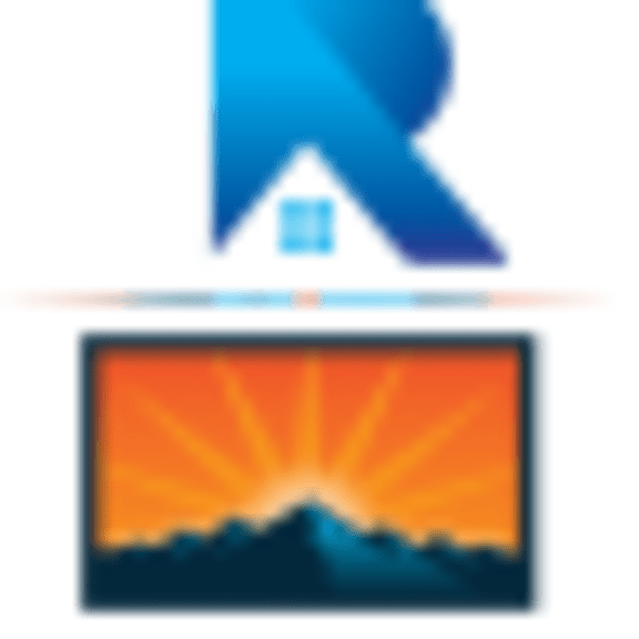 a blue letter r with a sunset in the background.