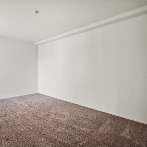 a room with brown carpet and white walls.