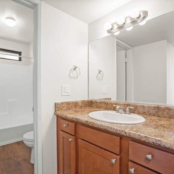 a bathroom with a sink, mirror, and toilet.