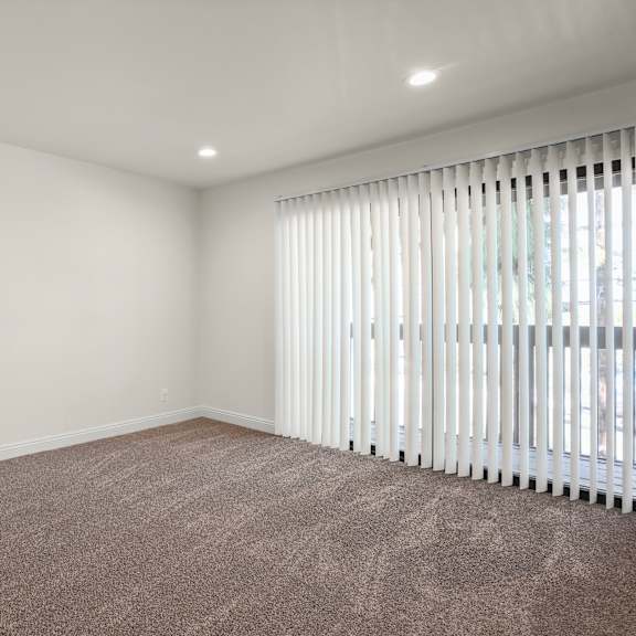 a room with a carpeted floor and a window with blinds.