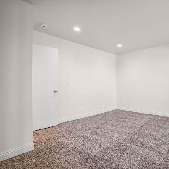 a room with a carpeted floor and a door.