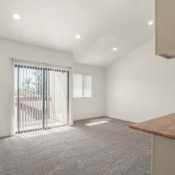 a room with a carpeted floor, a window with blinds, and a wooden countertop.