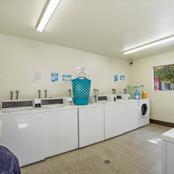 a laundry room with a washer and dryer, a basket on the counter, and a window.
