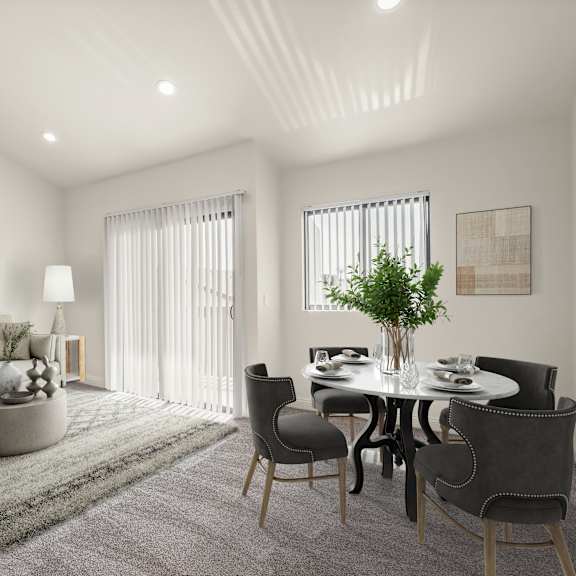 a modern living room with a grey sofa, a grey coffee table, a grey rug, a grey dining table with grey chairs, a potted plant, and a wooden coffee table.